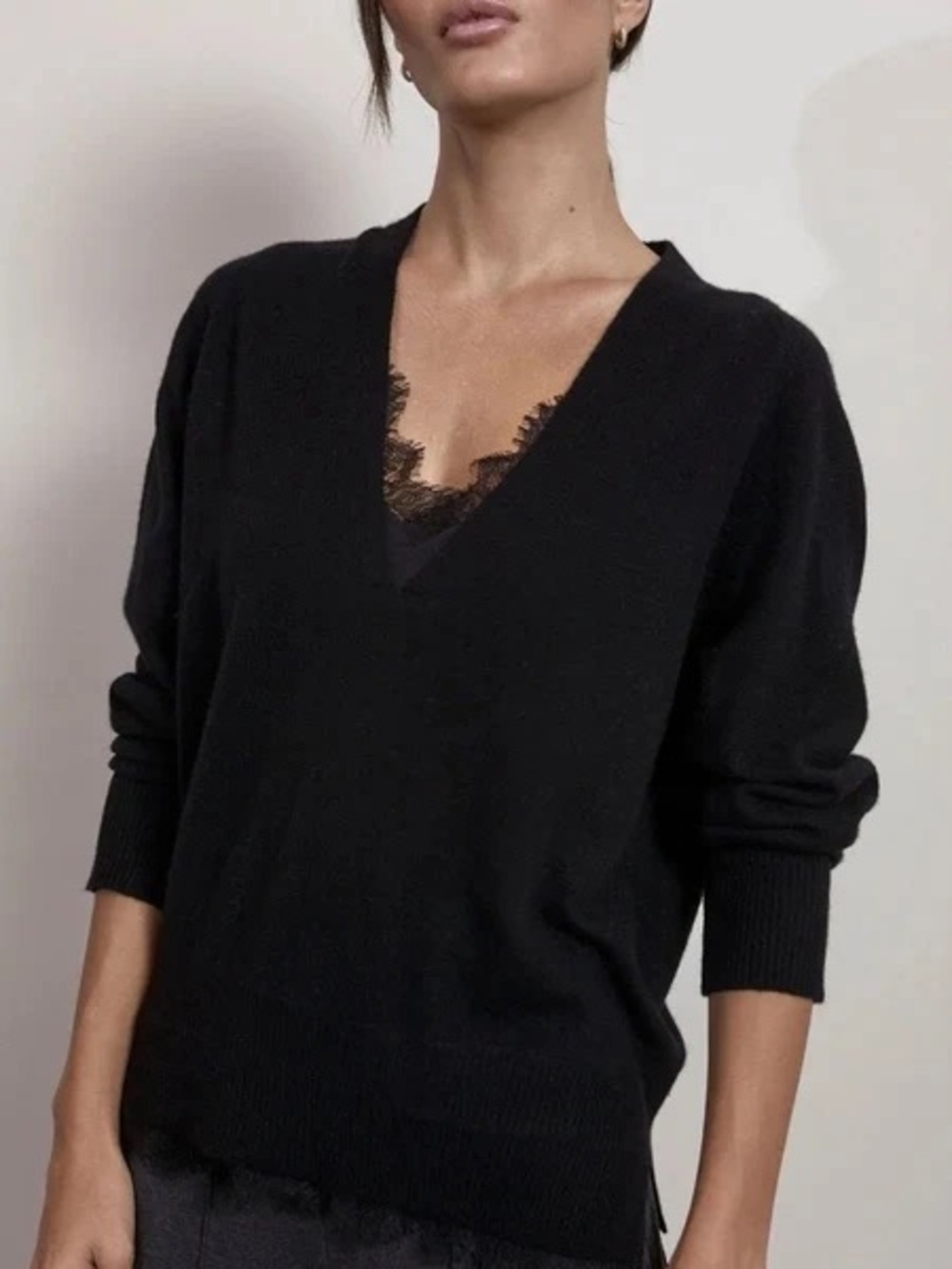Karen millen lace detail Black V-Neck billowy sleeve knit sweater wool romantic